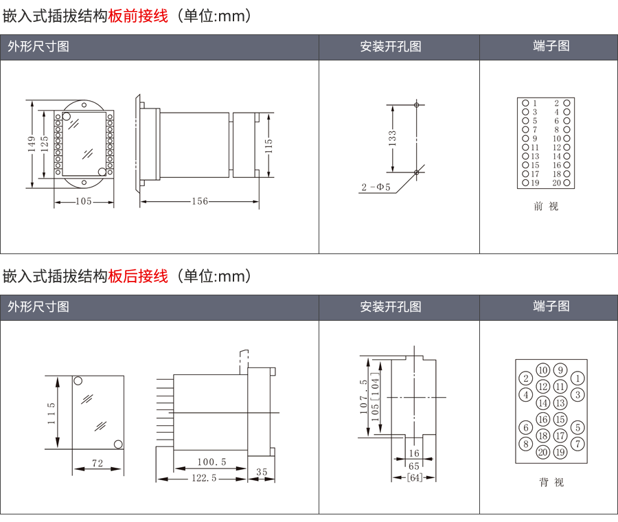 RCJ-2嵌入式插拔结构外形及接线方式图