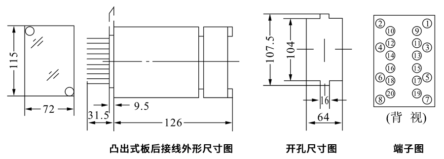 JZB-220/2凸出式板后接线安装尺寸图