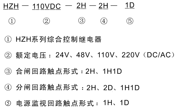 HZH-220VDC-2H-1H1D-1D型号及其含义
